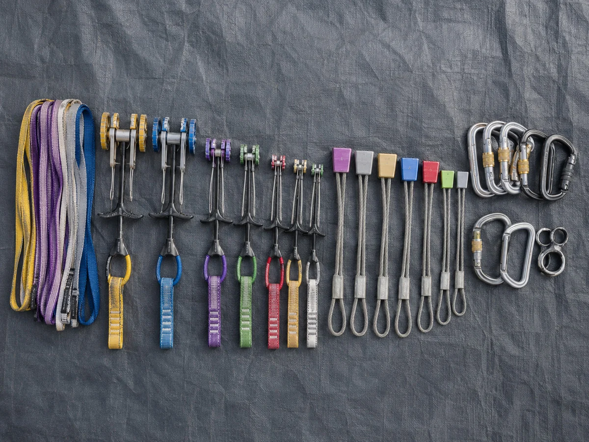 Cams, nuts and slings laid out in order on a grey tarp