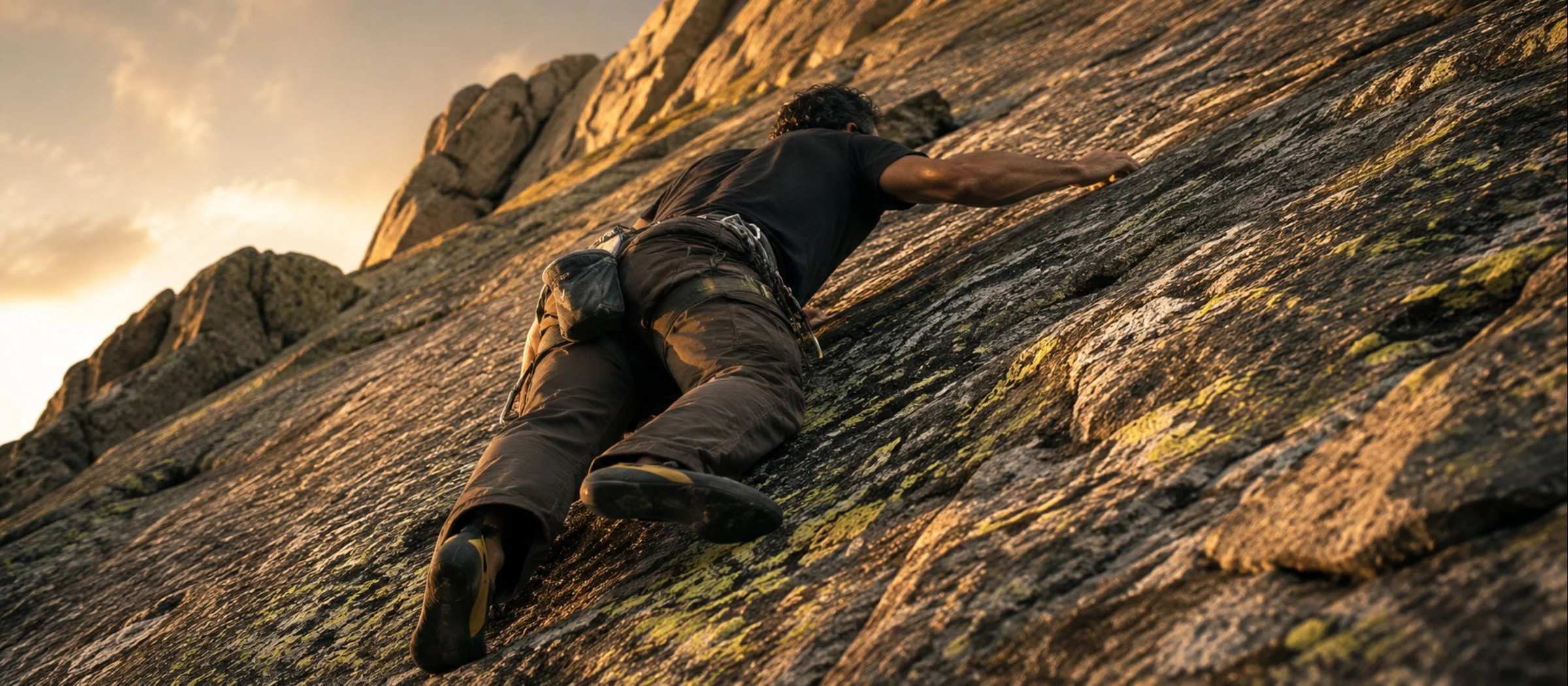 A climber moving over featured slab above treeline